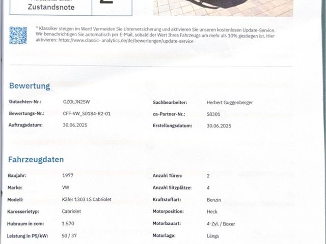 VW Käfer 1600 1303 LS Cabrio, H-Zulassung