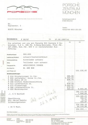 PORSCHE 993 C2 Cabrio 6-Gg.- 1.dt. Hd. PZ-Scheckheft